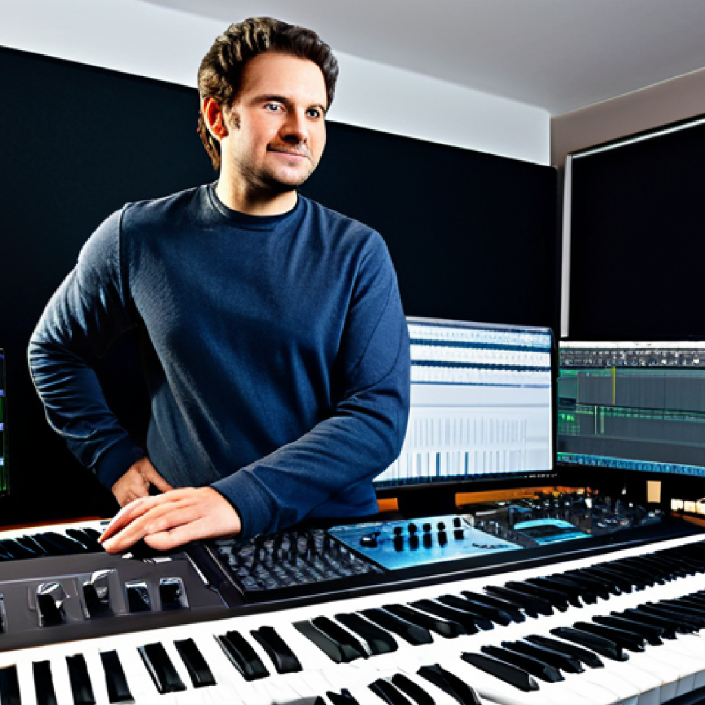 Composer in Studio**
"A professional composer, fully clothed in comfortable attire, working in a modern music studio, surrounded by instruments and computer equipment, safe for work, appropriate content, perfect anatomy, correct proportions, natural pose, professional lighting, high resolution, family-friendly, demonstrating digital audio workstation (DAW) software, well-formed hands, proper finger count, natural body proportions."
**