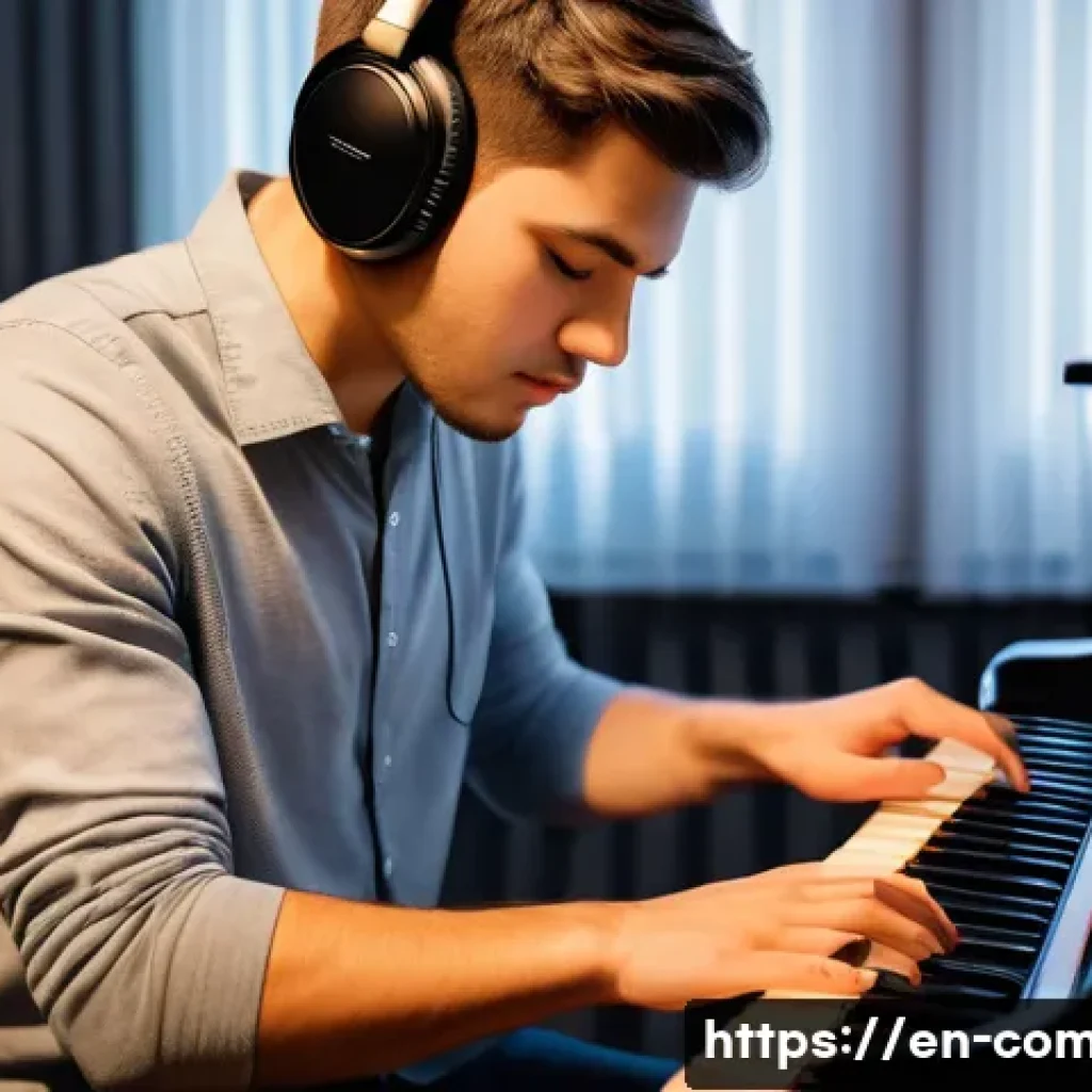 작곡가 이론 학습법 - A focused young adult musician practicing ear training in a cozy home studio, seated at a sleek digi...