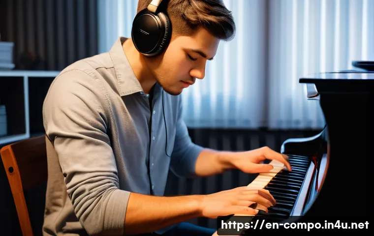 작곡가 이론 학습법 - A focused young adult musician practicing ear training in a cozy home studio, seated at a sleek digi...