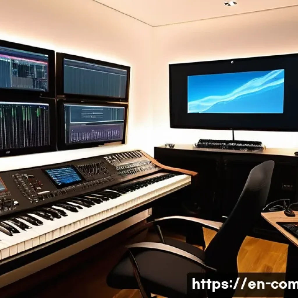 작곡가의 업계 전환기 - A modern composer’s home studio filled with high-end music production equipment including a large MI...