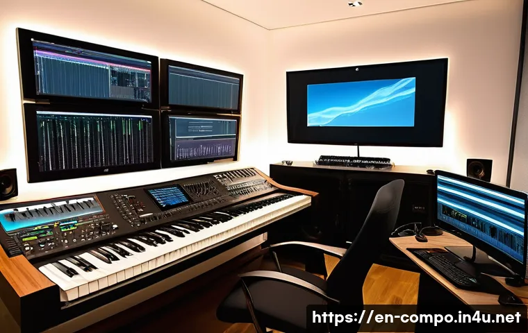 작곡가의 업계 전환기 - A modern composer&rsquo;s home studio filled with high-end music production equipment including a large MI...