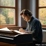 작곡가의 창작 경험 공유 - A serene scene of a modern composer sitting by a large window in a cozy, softly lit studio, casually...