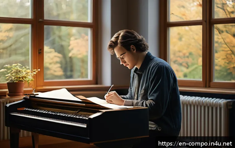 작곡가의 창작 경험 공유 - A serene scene of a modern composer sitting by a large window in a cozy, softly lit studio, casually...