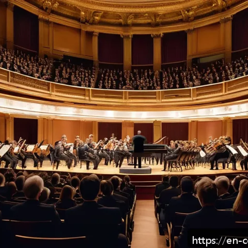 작곡가의 작품 평가 기준 - A grand classical concert hall interior during a live symphony performance, featuring an orchestra p...