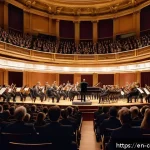 작곡가의 작품 평가 기준 - A grand classical concert hall interior during a live symphony performance, featuring an orchestra p...