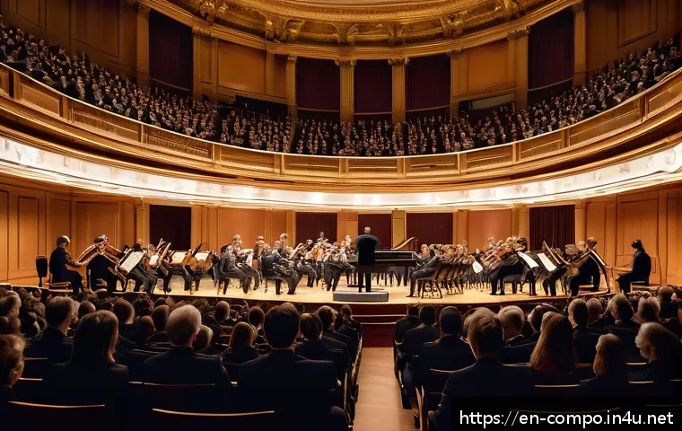 작곡가의 작품 평가 기준 - A grand classical concert hall interior during a live symphony performance, featuring an orchestra p...