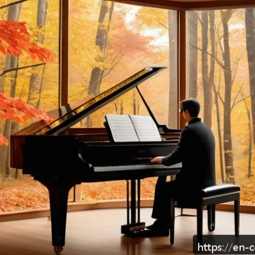 작곡가의 음악적 영감 찾기 - A thoughtful composer sitting by a large window overlooking a serene forest during autumn, surrounde...
