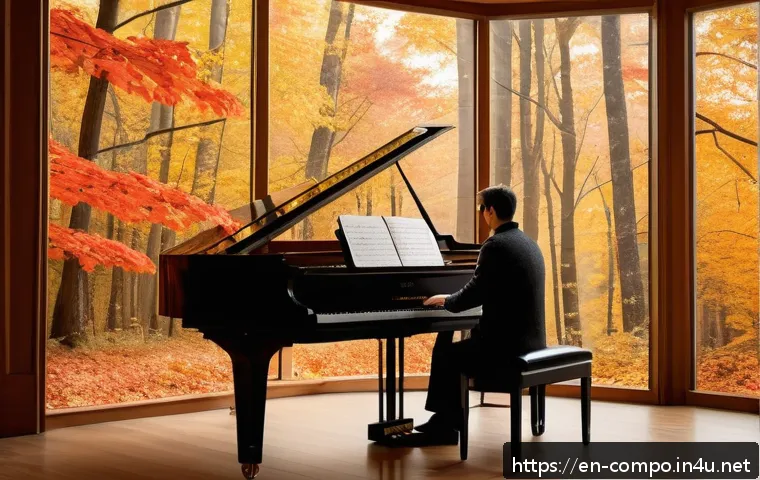 작곡가의 음악적 영감 찾기 - A thoughtful composer sitting by a large window overlooking a serene forest during autumn, surrounde...