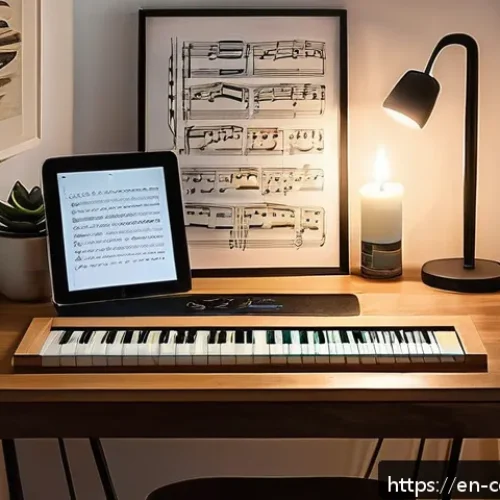 작곡가 업무일기 작성법 - A cozy, warmly lit creative writing nook in a modern home studio, featuring a small wooden desk with...