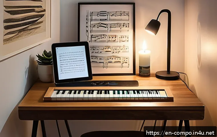 작곡가 업무일기 작성법 - A cozy, warmly lit creative writing nook in a modern home studio, featuring a small wooden desk with...