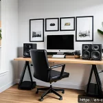 작곡가의 지속적인 업무 개선 - A cozy, modern music studio workspace designed for maximum focus: a sleek desk with a high-end digit...