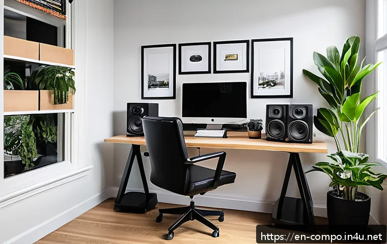 작곡가의 지속적인 업무 개선 - A cozy, modern music studio workspace designed for maximum focus: a sleek desk with a high-end digit...