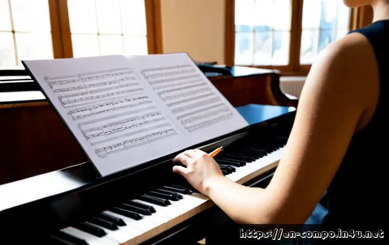 작곡가 중점 과목 - Photorealistic university music composition studio, focused young adult composer seated at a grand p...