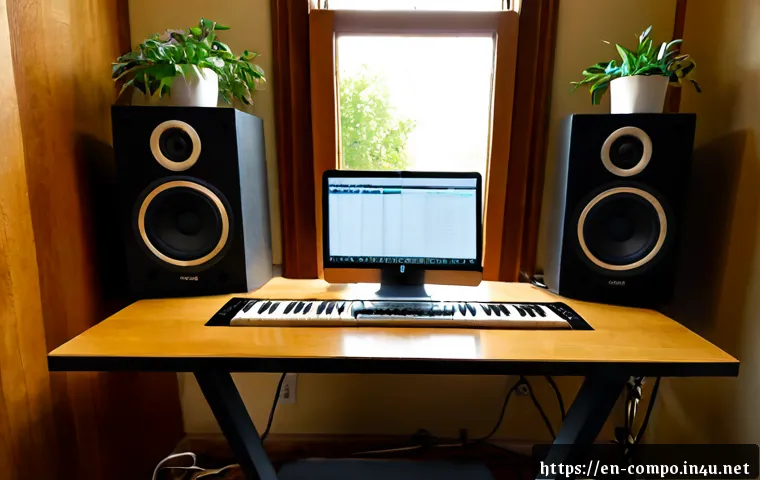 작곡가의 창작 환경 구축 - Photorealistic home music composition studio for a modern American songwriter, wide eye-level view o...